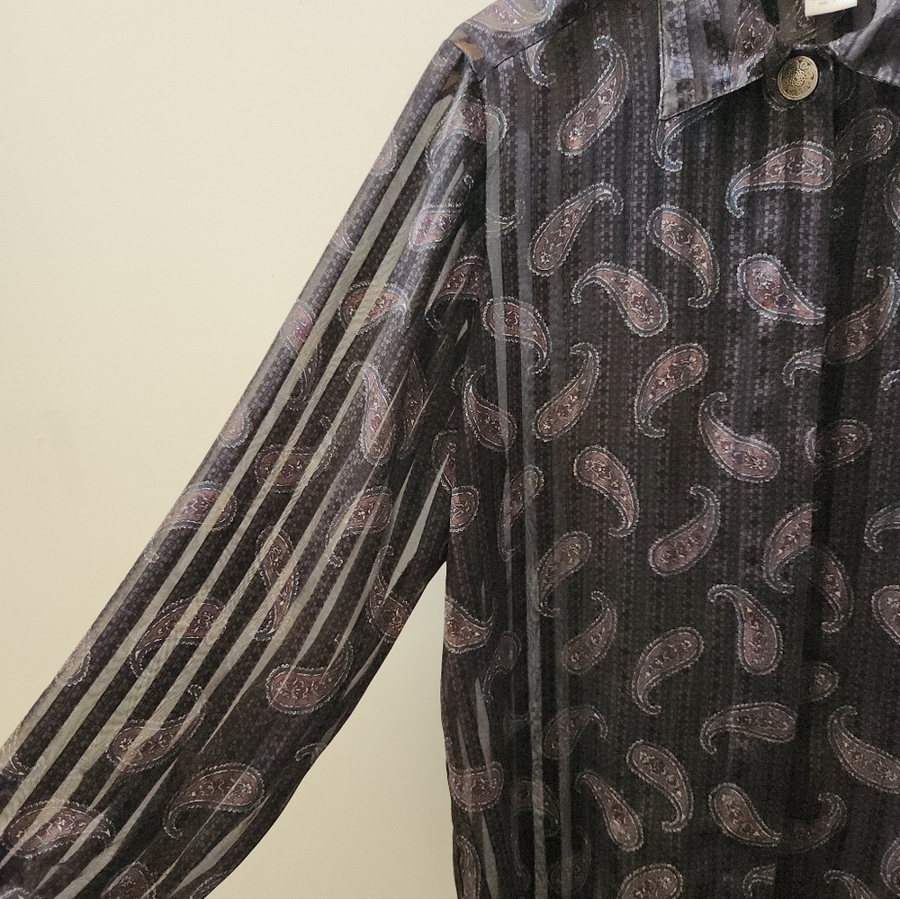Vintage Notations Petite Sheer Paisley Button Up Blouse Size 12 Flowy 90s - Picture 6 of 8